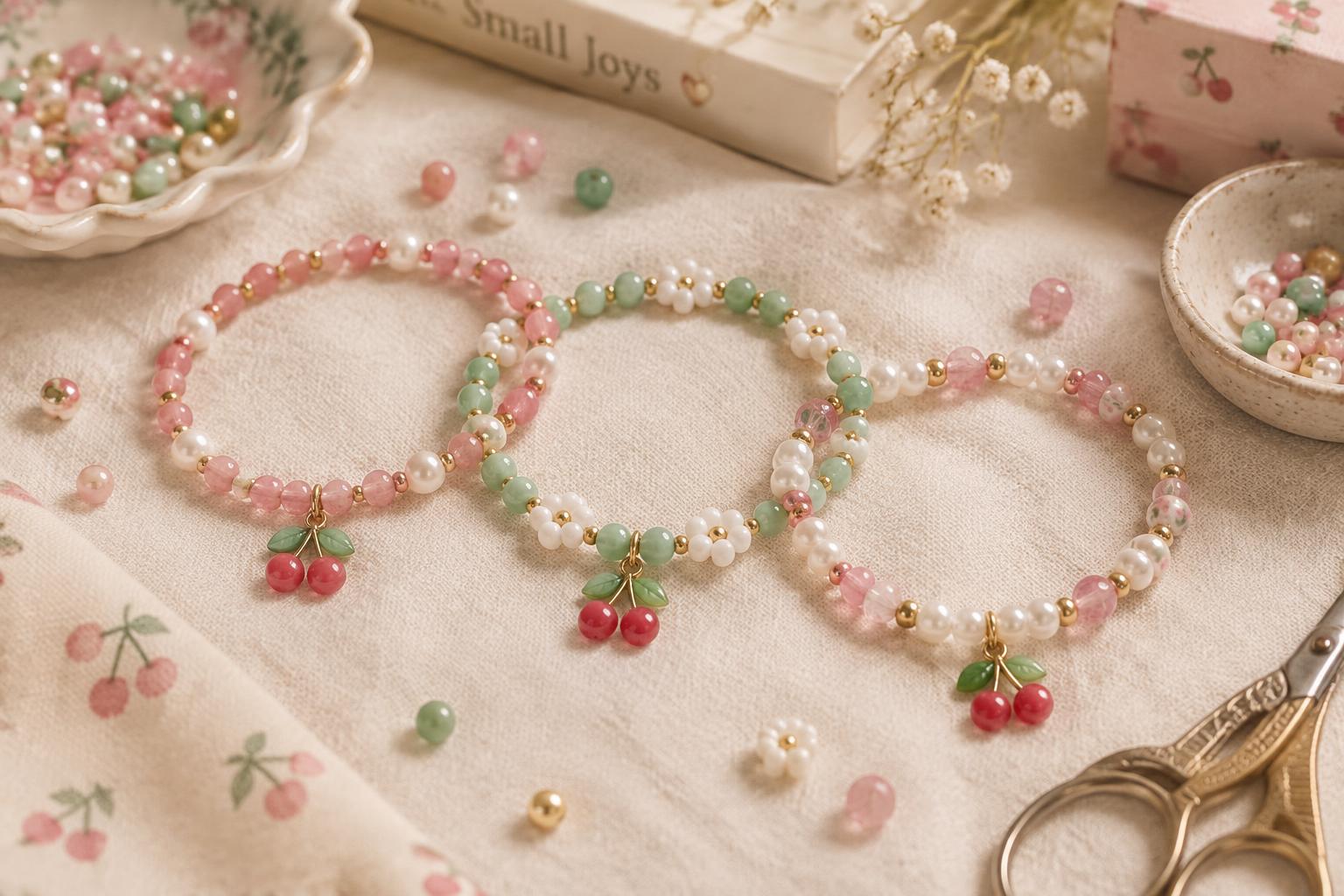 Handmade pink, mint and cream beaded bracelets with cherry charms on linen